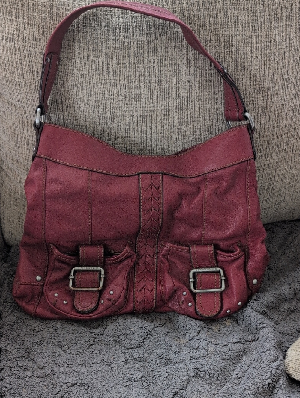 Women's Wine Leather Shoulder Bag with Front Buckle Pockets